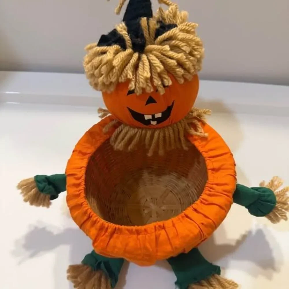 Vintage Pumpkin Scarecrow Wicker Candy Basket Halloween Decor Bowl Y2K Cozy Prim